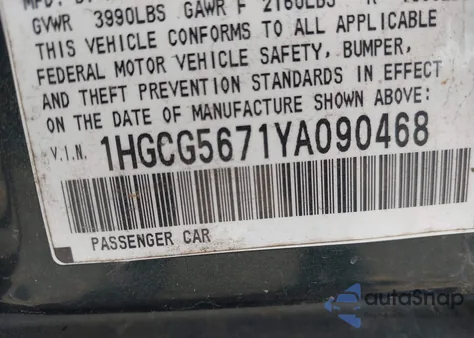 2000 Honda Accord 2.3 Se z USA, uszkodzony, nr VIN 1HGCG5671YA090468